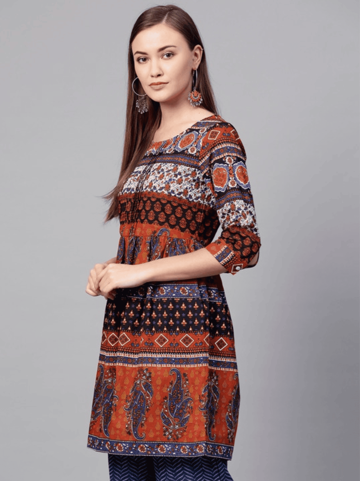 Rust orange & navy blue printed A-Line tunic