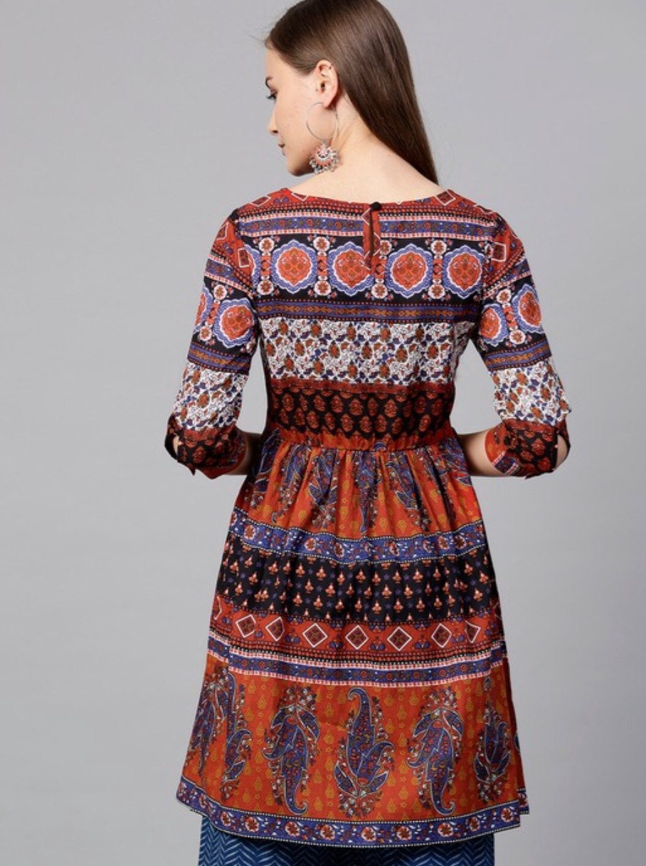 Rust Orange & Navy Blue Printed A-Line Tunic