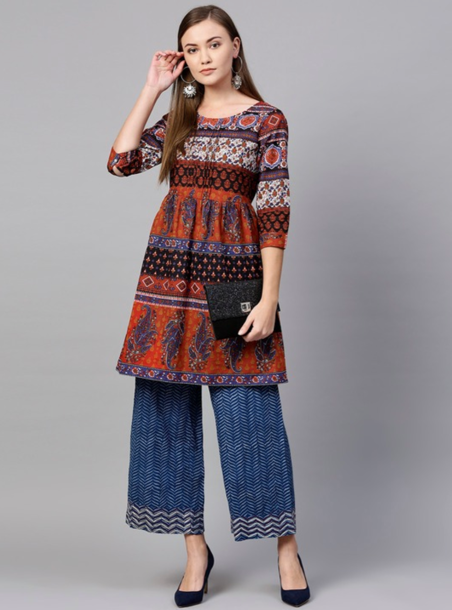 Rust Orange & Navy Blue Printed A-Line Tunic