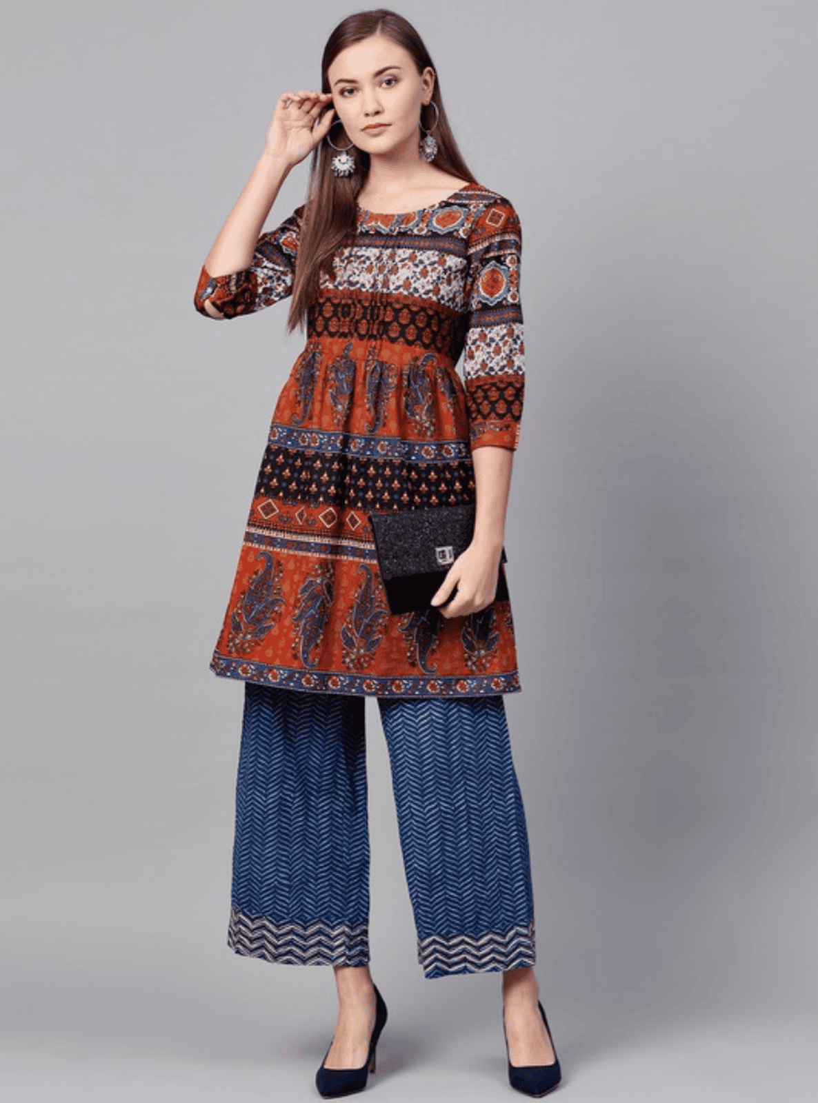 Rust orange & navy blue printed A-Line tunic