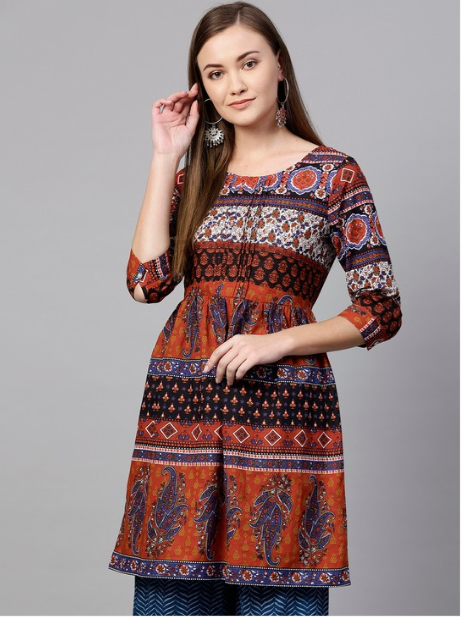 Rust Orange & Navy Blue Printed A-Line Tunic