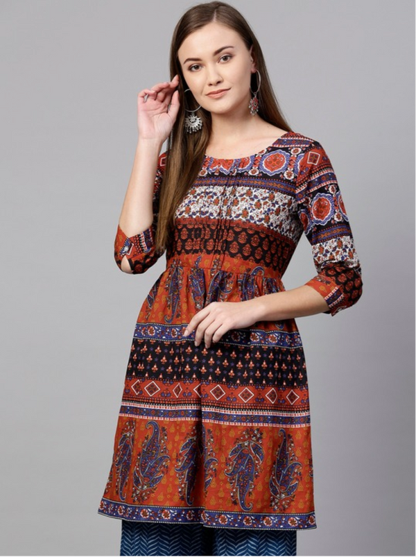 Rust orange & navy blue printed A-Line tunic COTTON ORANGE M