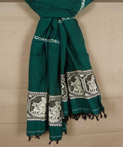 Teal green and white handwoven cotton and wool mixed shawl GREEN WOOL & COTTON