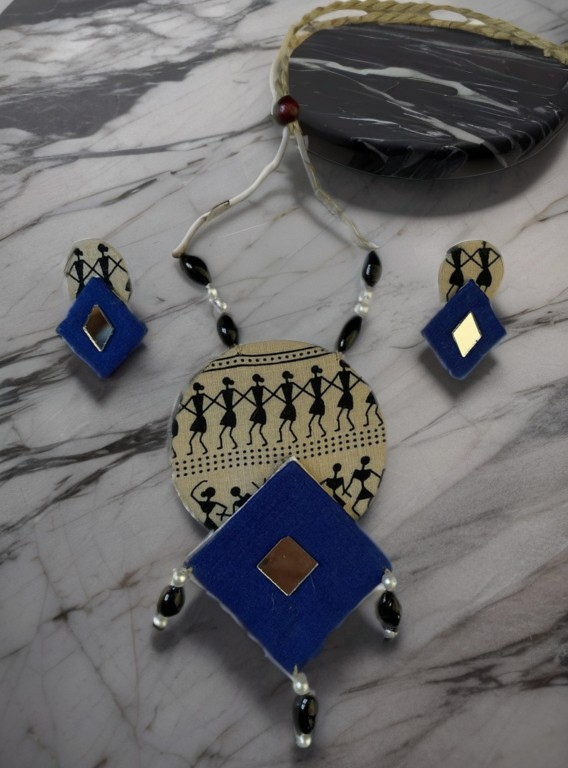 Eco-friendly Handmade Tribal block print with blue diamond necklace set || Jute Jewelry Set || Beach Wedding Jewelry for Bride