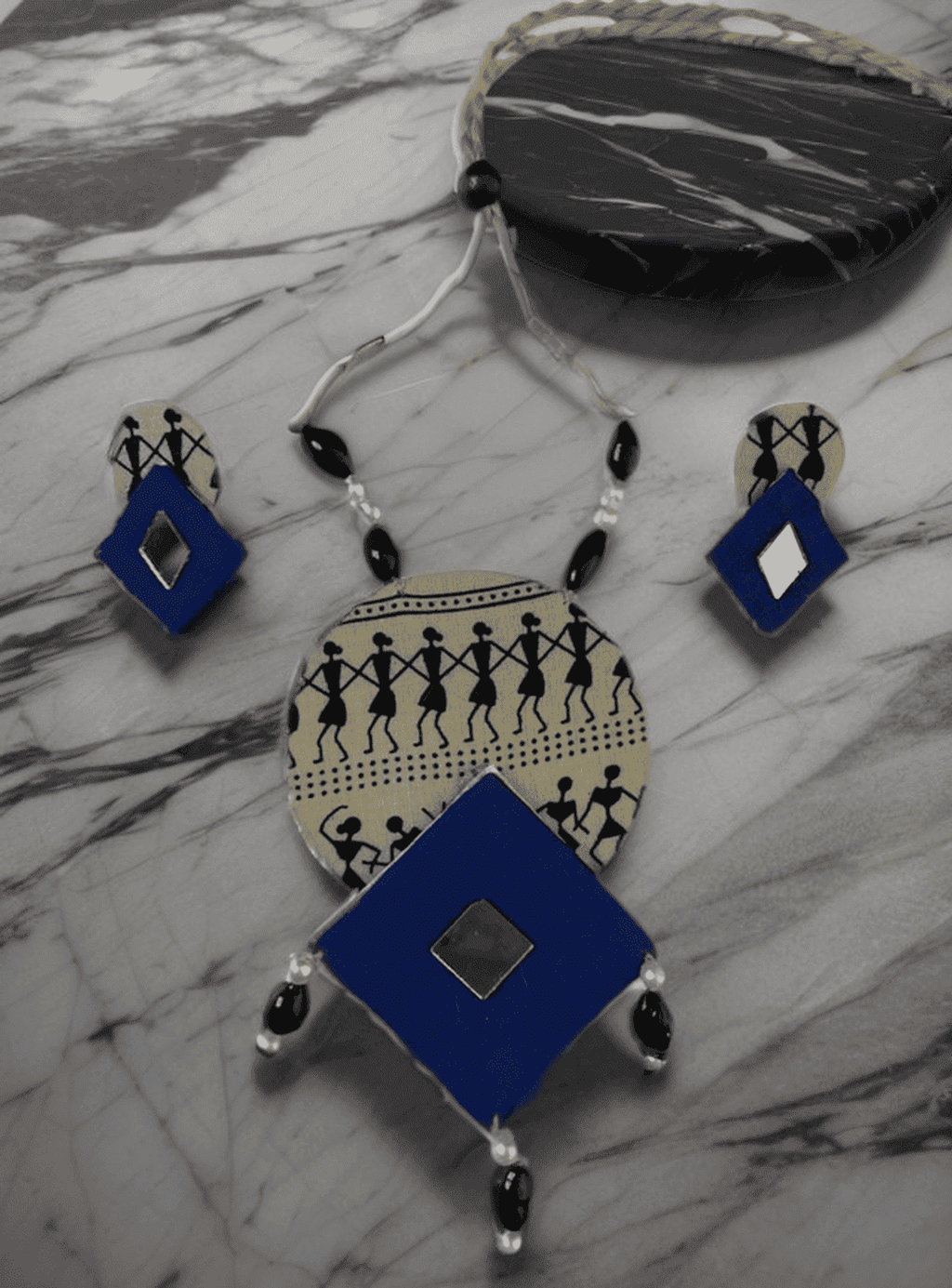 Tribal block print with blue diamond necklace set - Women | E-Khadi