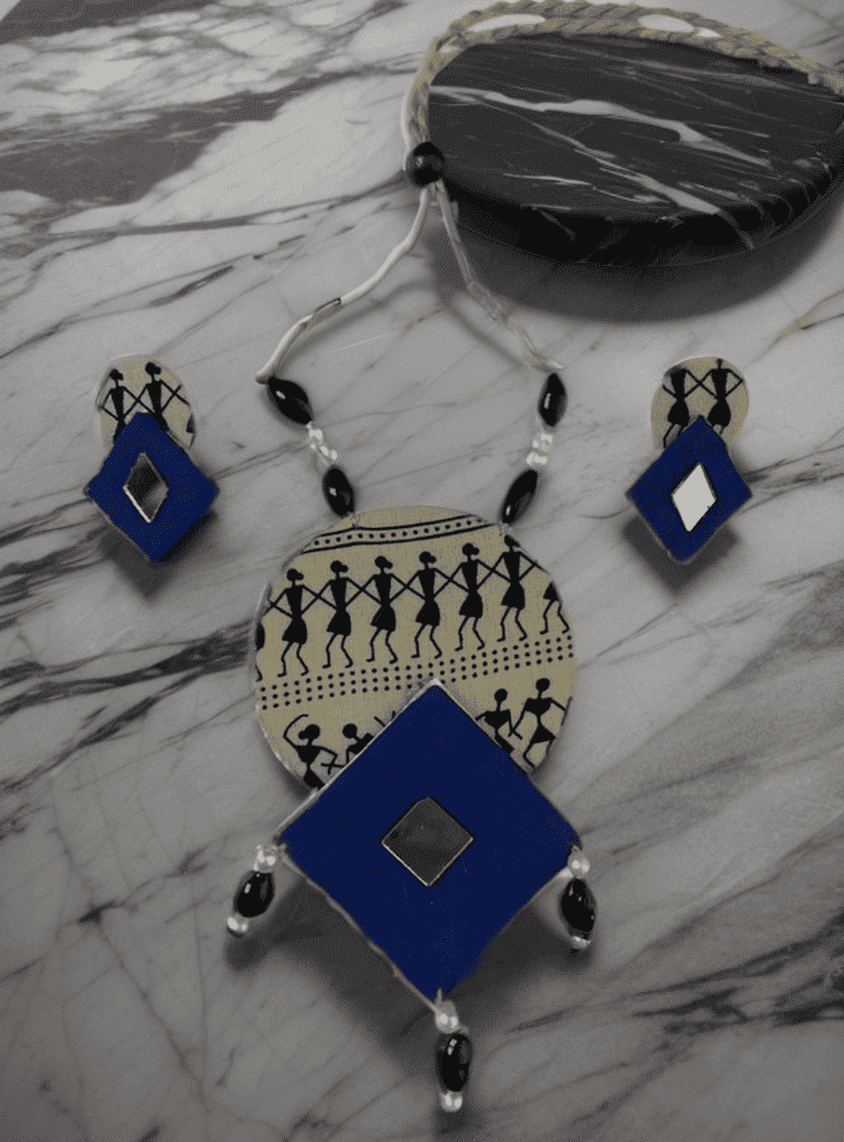 Tribal block print with blue diamond necklace set - Women | E-Khadi