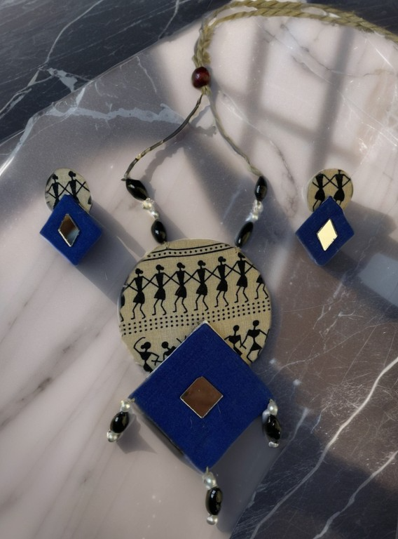 Eco-friendly Handmade Tribal block print with blue diamond necklace set || Jute Jewelry Set || Beach Wedding Jewelry for Bride