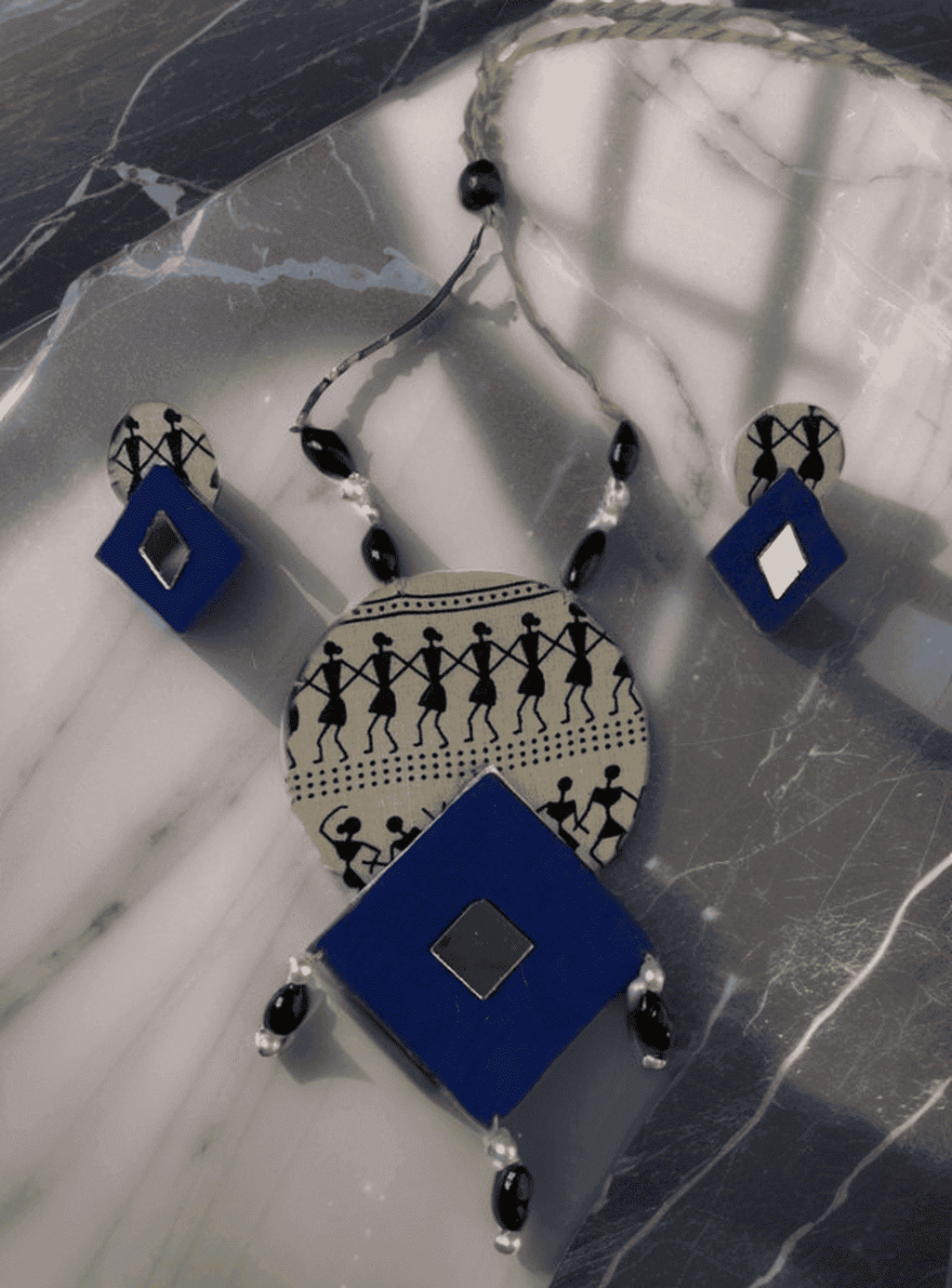 Tribal block print with blue diamond necklace set - Women | E-Khadi