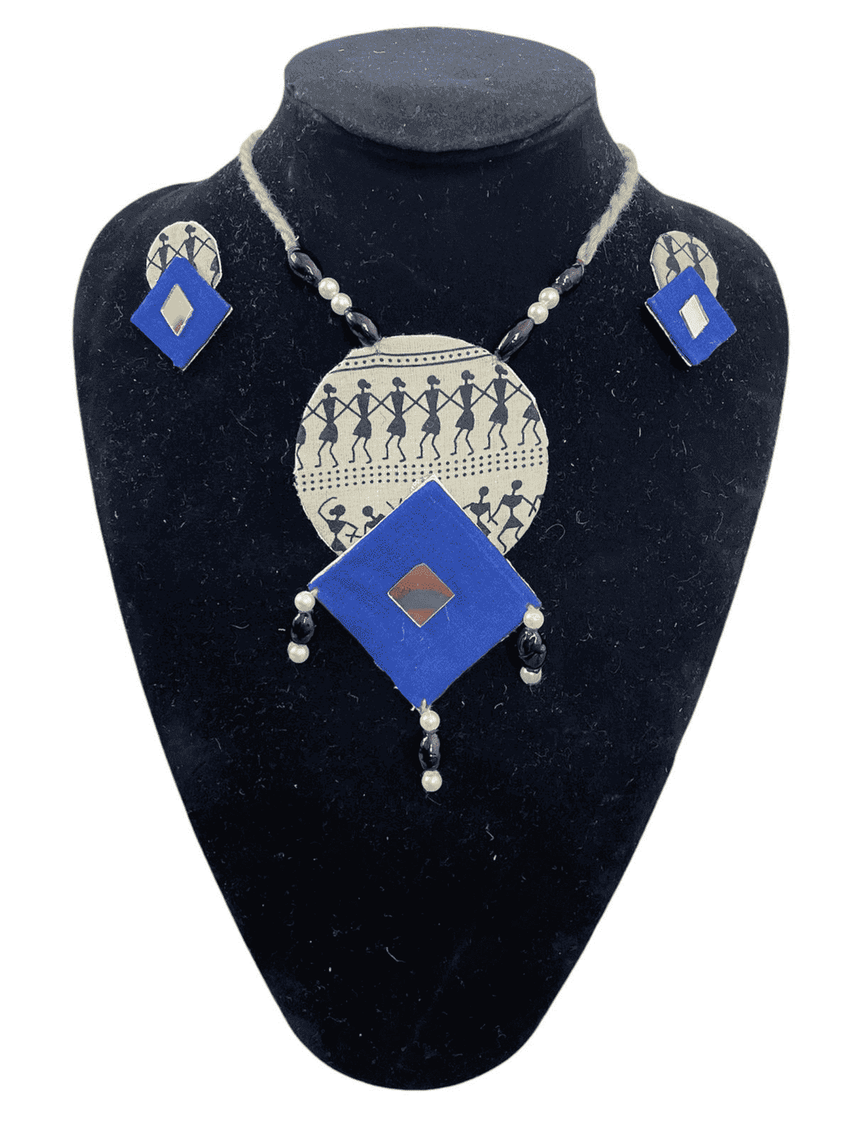 Tribal block print with blue diamond necklace set - Women | E-Khadi