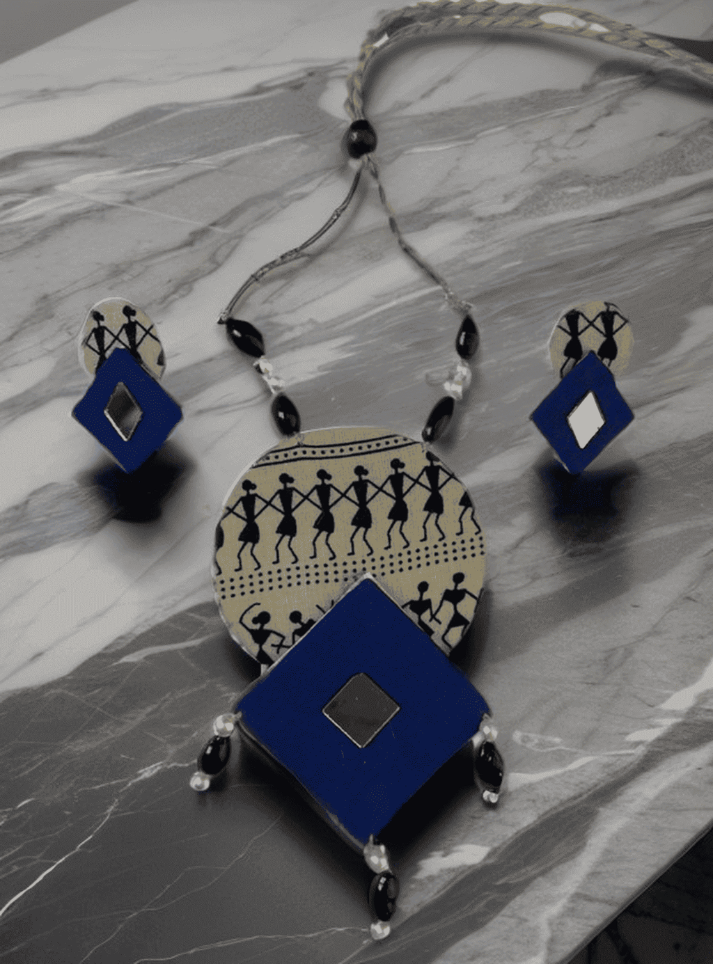 Tribal block print with blue diamond necklace set - Women | E-Khadi