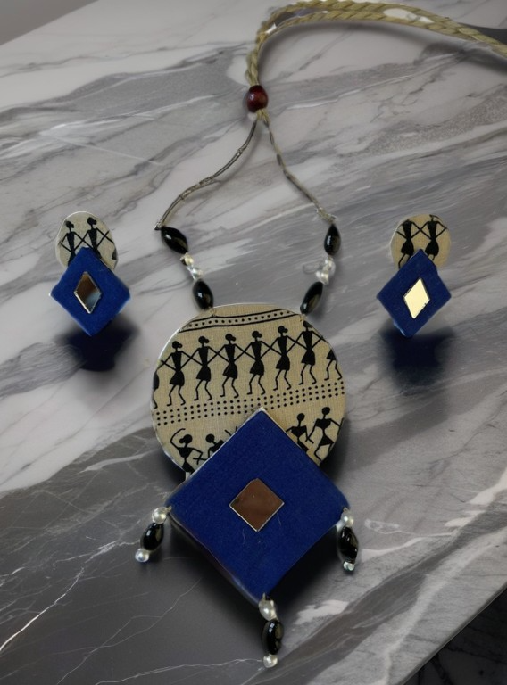 Tribal block print with blue diamond necklace set