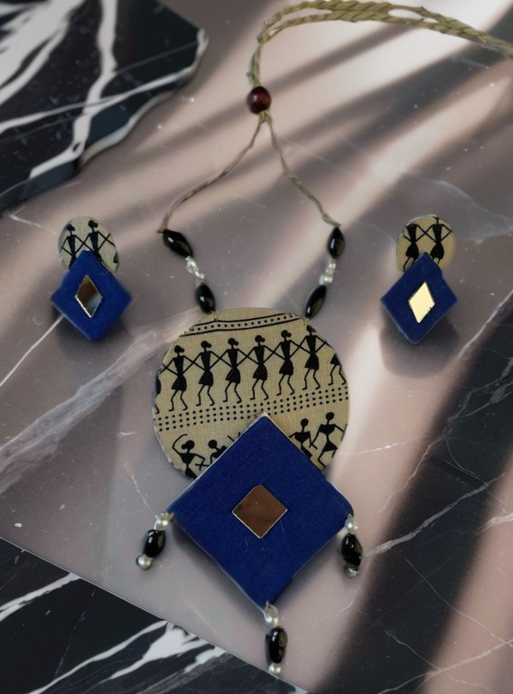 Eco-friendly Handmade Tribal block print with blue diamond necklace set || Jute Jewelry Set || Beach Wedding Jewelry for Bride