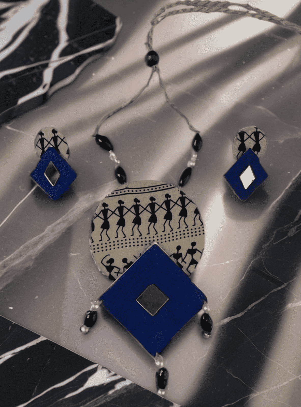 Tribal block print with blue diamond necklace set - Women | E-Khadi