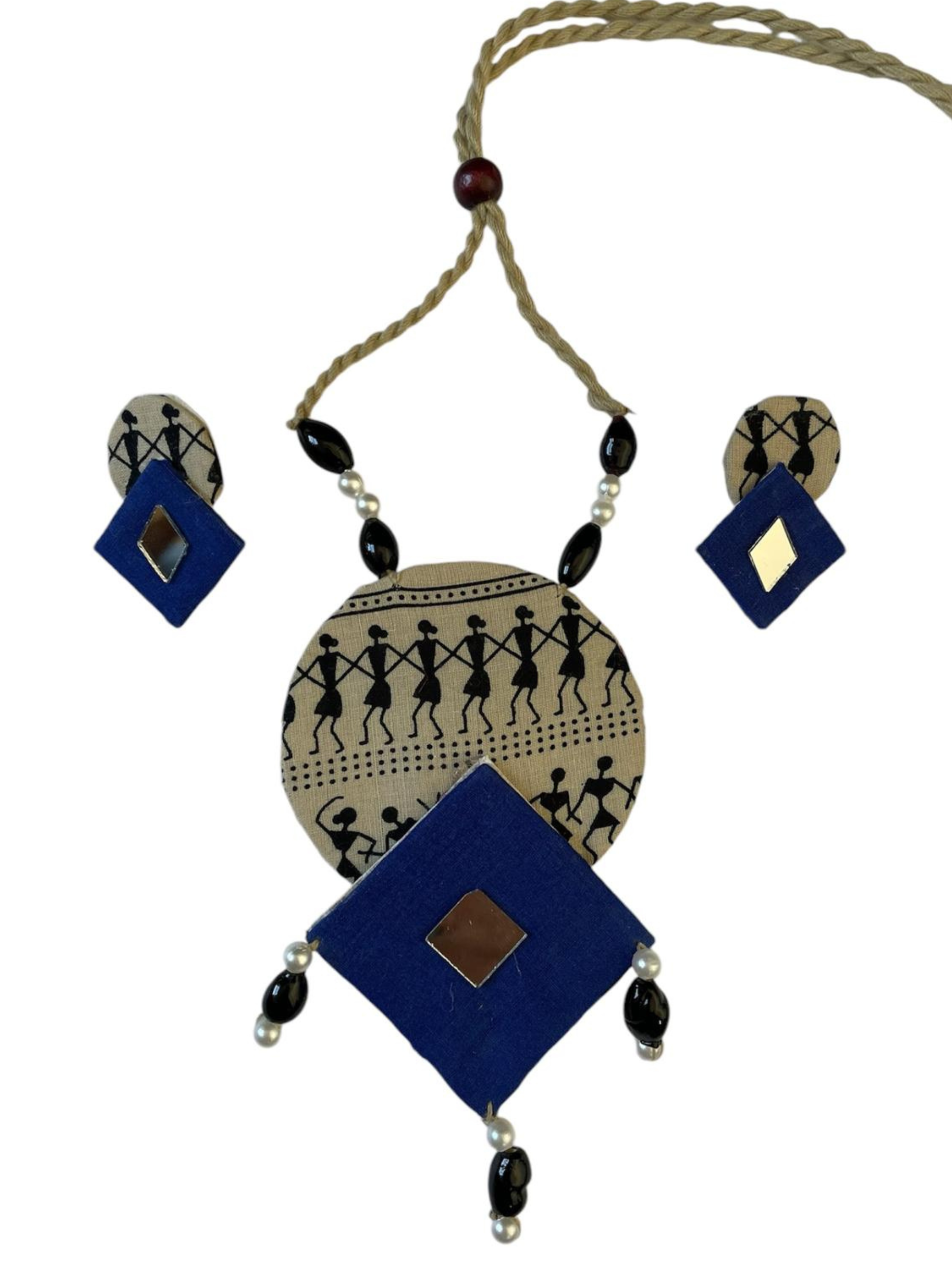 Eco-friendly Handmade Tribal block print with blue diamond necklace set || Jute Jewelry Set || Beach Wedding Jewelry for Bride