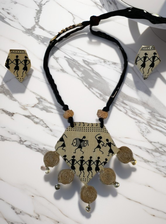 Eco-friendly Handmade Tribal block print with burlap tassel necklace  set || Jute Jewelry Set || Beach Wedding Jewelry for Bride