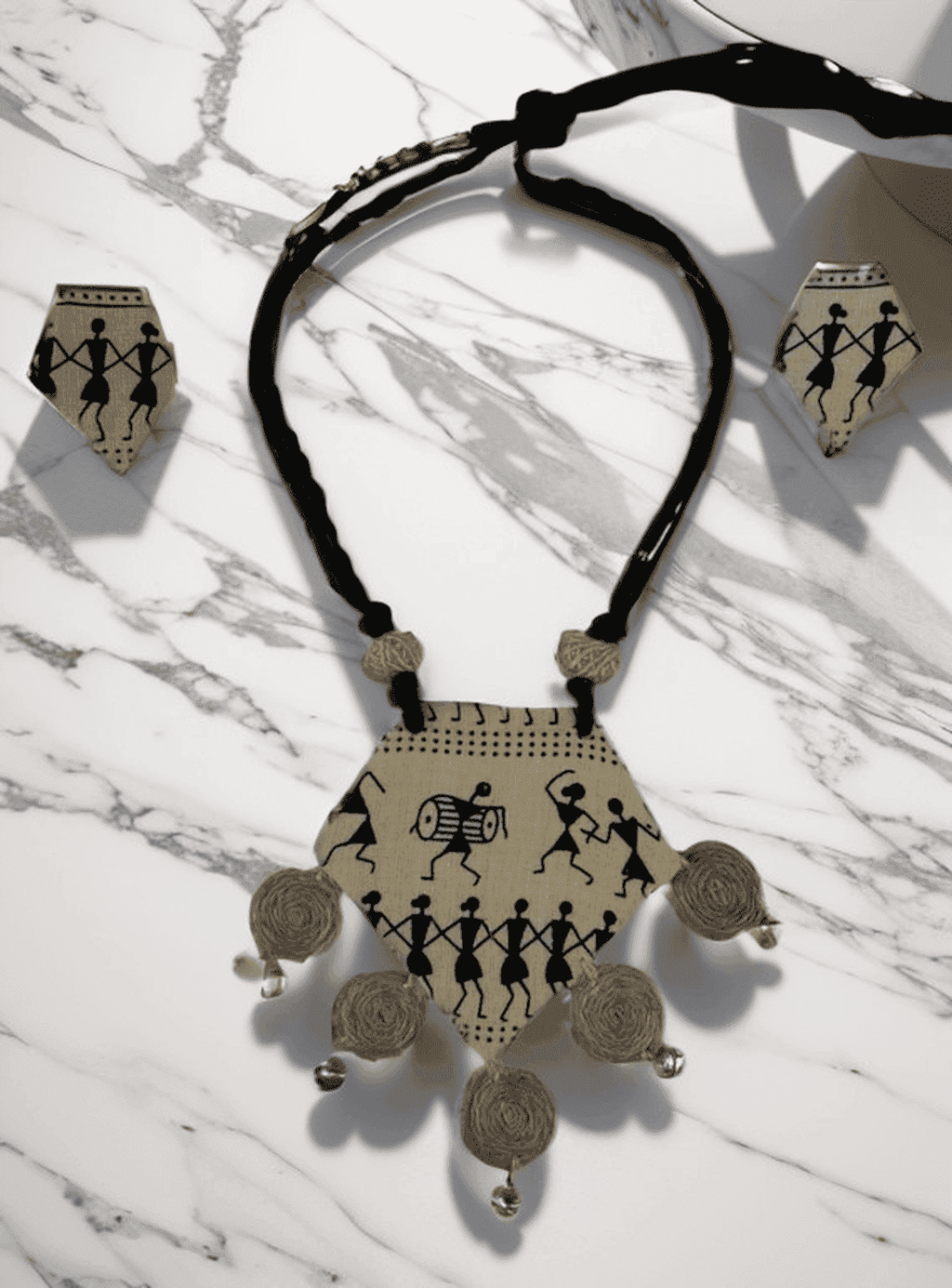 Tribal block print with burlap tassel necklace set - Women | E-Khadi