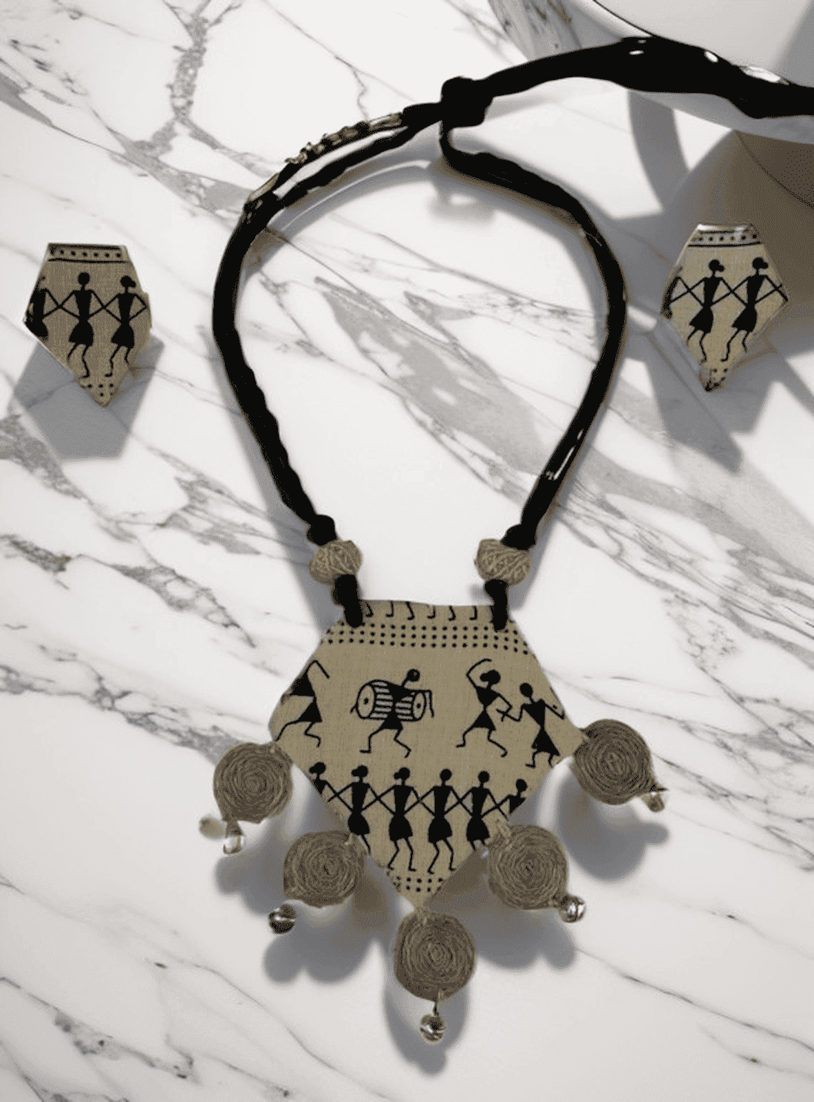 Tribal block print with burlap tassel necklace set - Women | E-Khadi