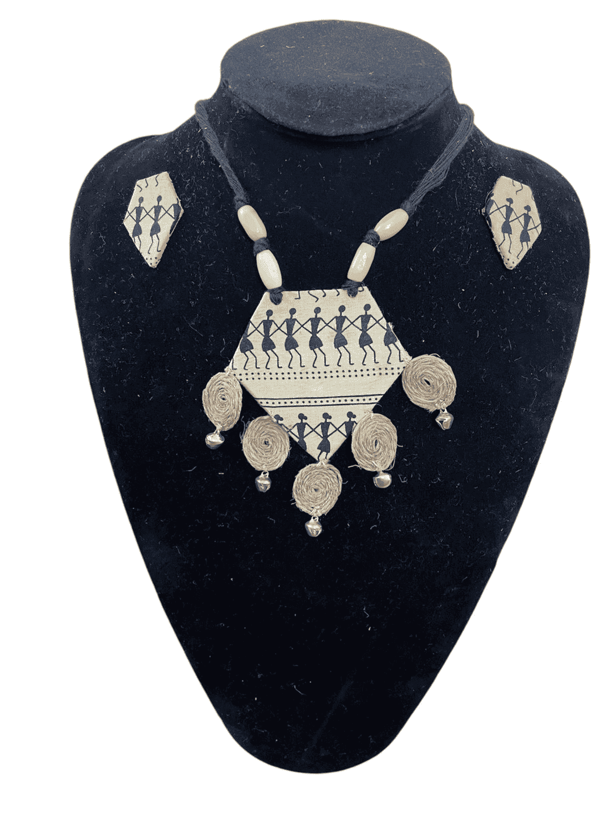 Tribal block print with burlap tassel necklace set - Women | E-Khadi