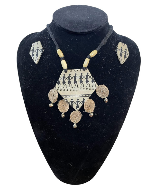 Tribal block print with burlap tassel necklace set