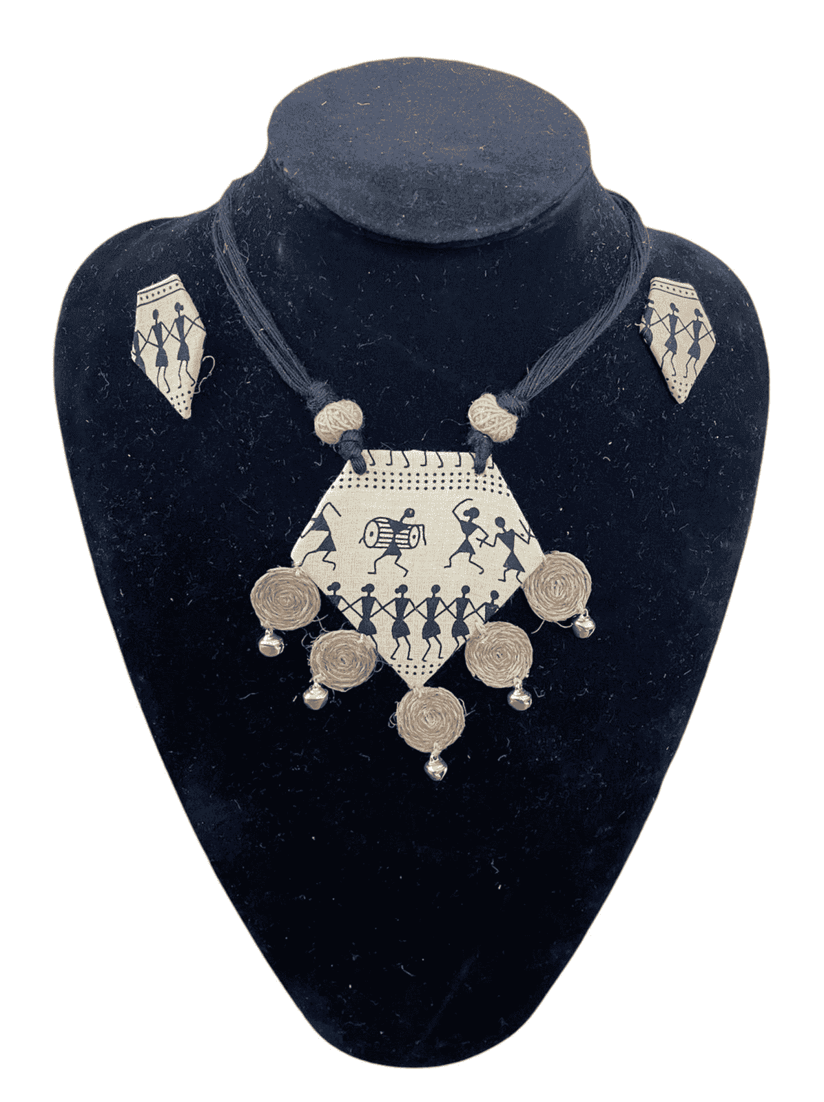 Tribal block print with burlap tassel necklace set - Women | E-Khadi
