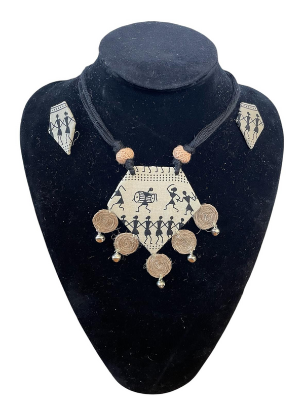 Tribal block print with burlap tassel necklace set
