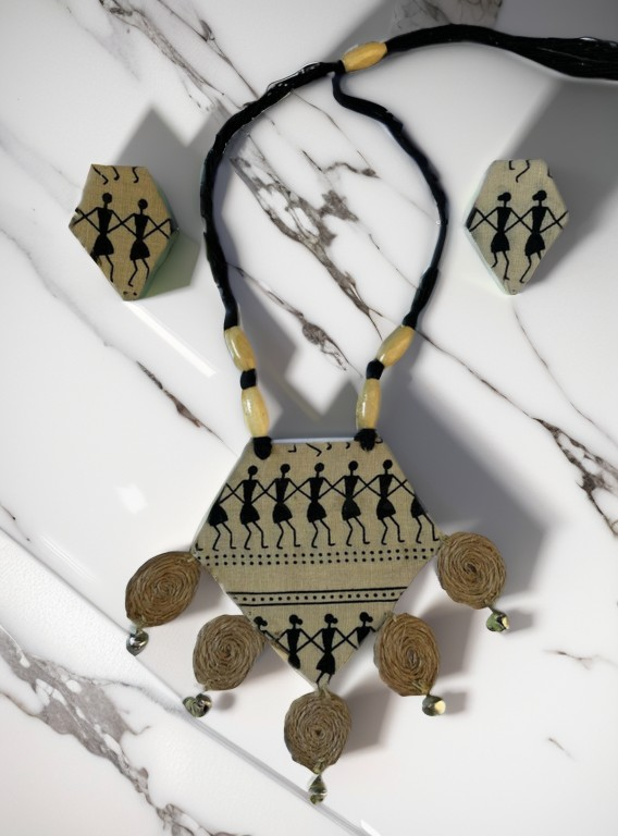 Eco-friendly Handmade Tribal block print with burlap tassel necklace set || Jute Jewelry Set || Beach Wedding Jewelry for Bride