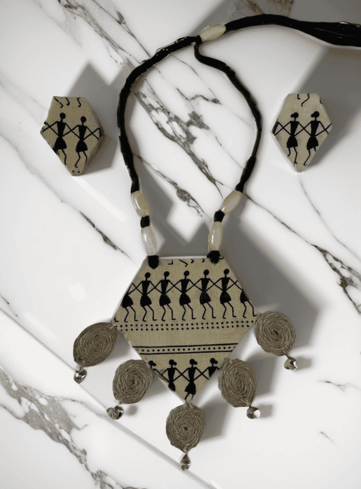Tribal block print with burlap tassel necklace set - Women | E-Khadi