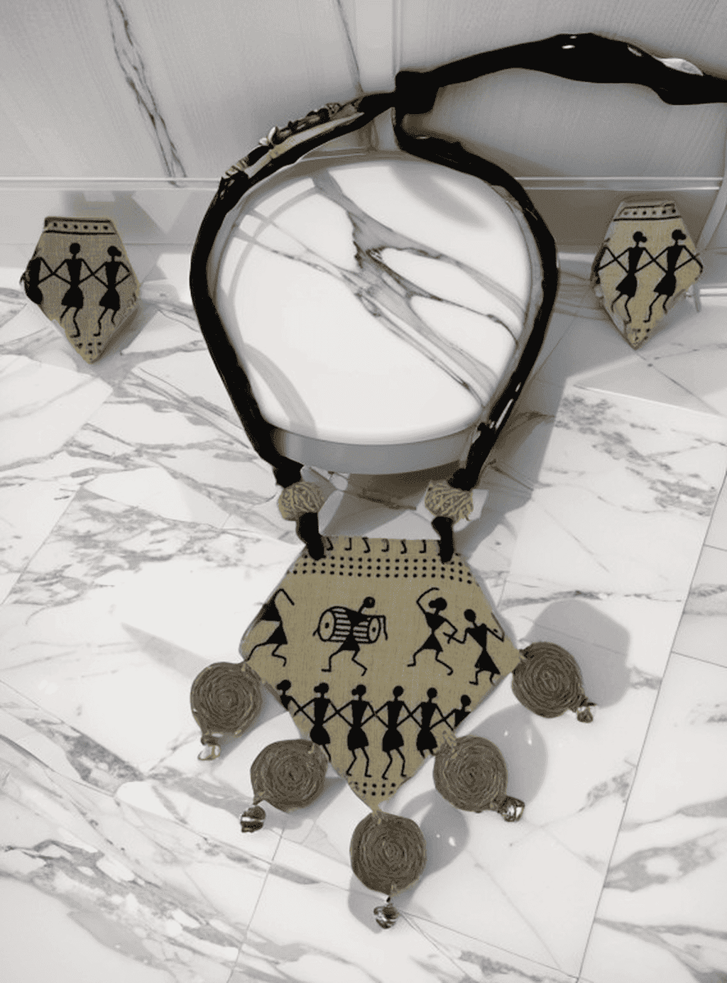 Tribal block print with burlap tassel necklace set - Women | E-Khadi