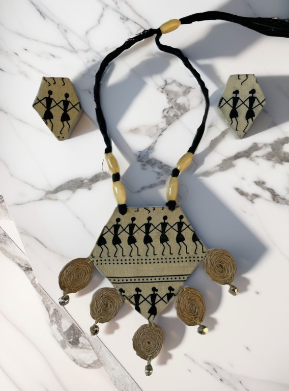 Eco-friendly Handmade Tribal block print with burlap tassel necklace set || Jute Jewelry Set || Beach Wedding Jewelry for Bride