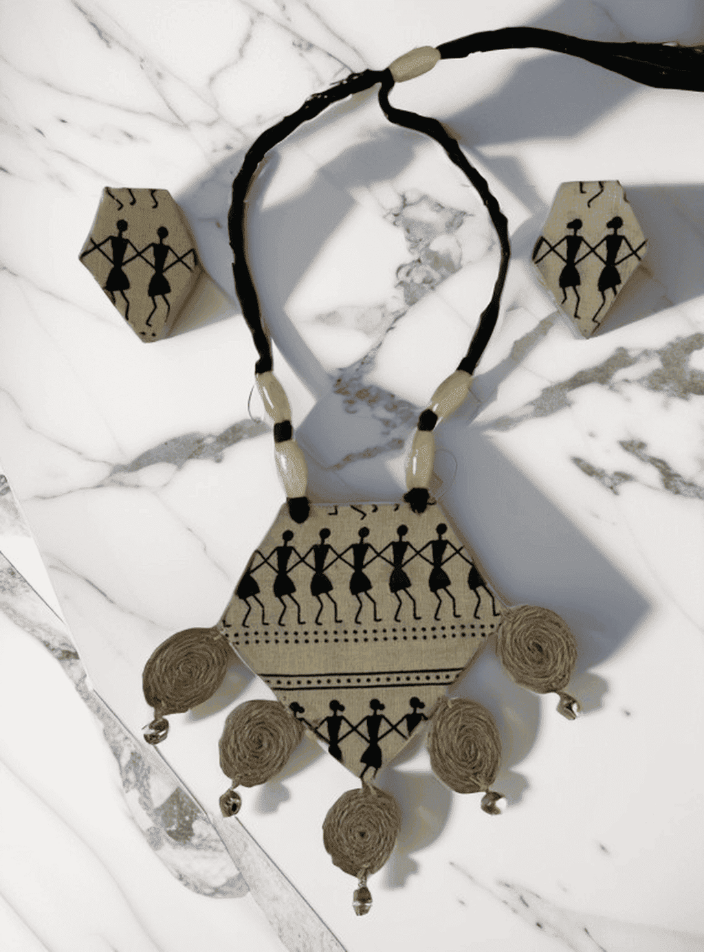 Tribal block print with burlap tassel necklace set - Women | E-Khadi