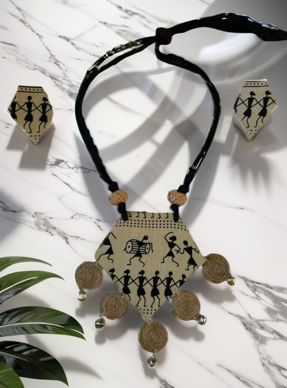 Eco-friendly Handmade Tribal block print with burlap tassel necklace  set || Jute Jewelry Set || Beach Wedding Jewelry for Bride