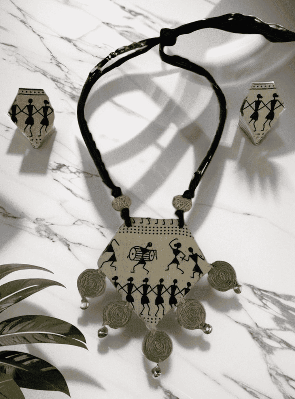 Tribal block print with burlap tassel necklace set - Women | E-Khadi