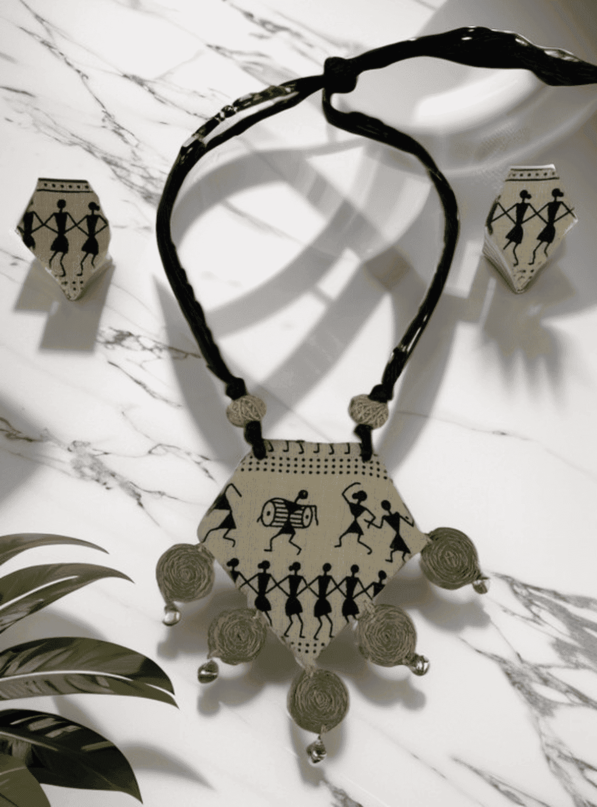 Tribal block print with burlap tassel necklace set - Women | E-Khadi