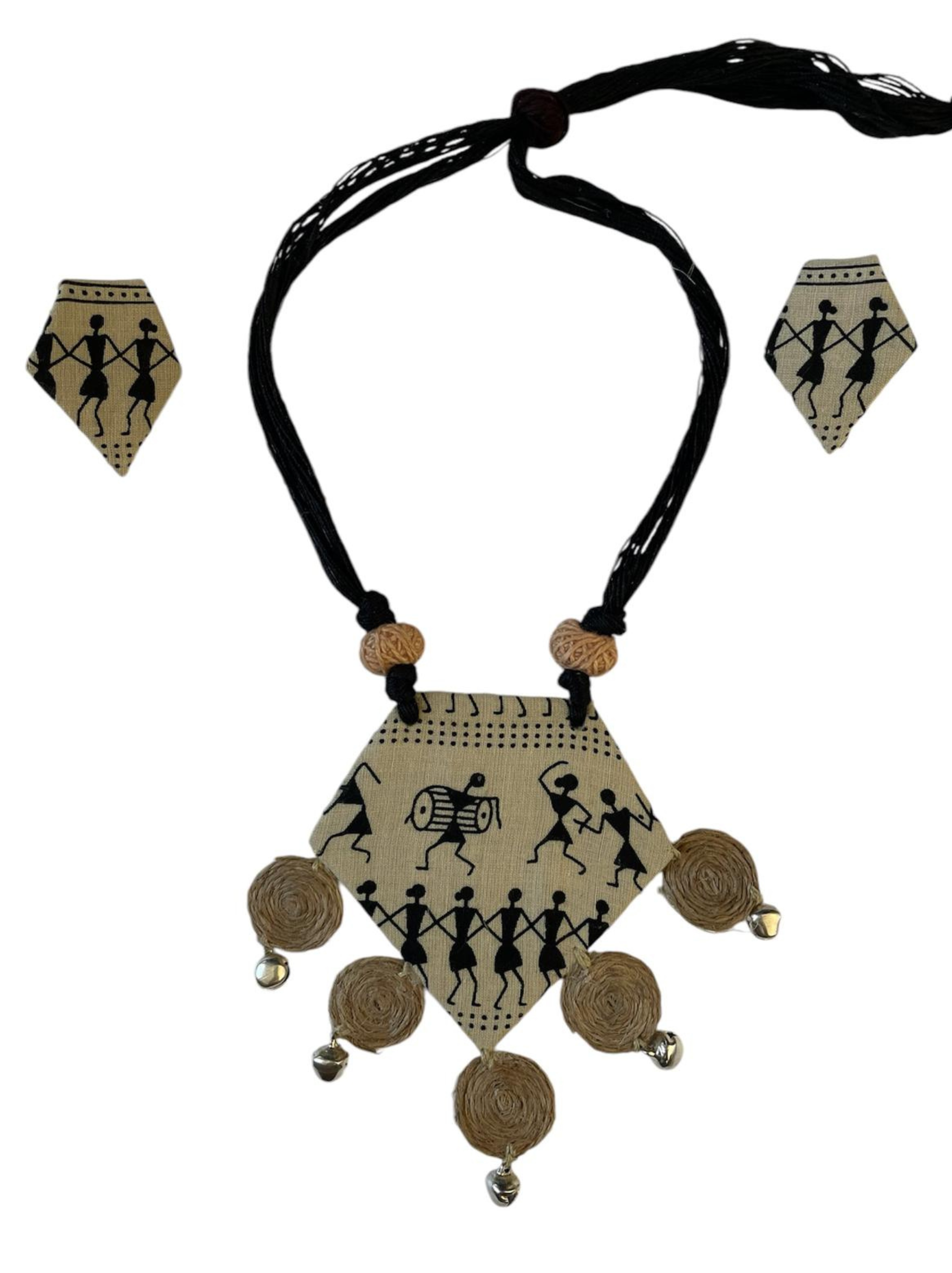 Eco-friendly Handmade Tribal block print with burlap tassel necklace  set || Jute Jewelry Set || Beach Wedding Jewelry for Bride