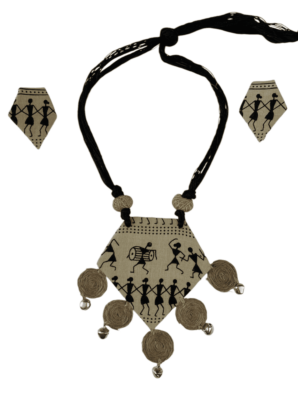Tribal block print with burlap tassel necklace set - Women | E-Khadi