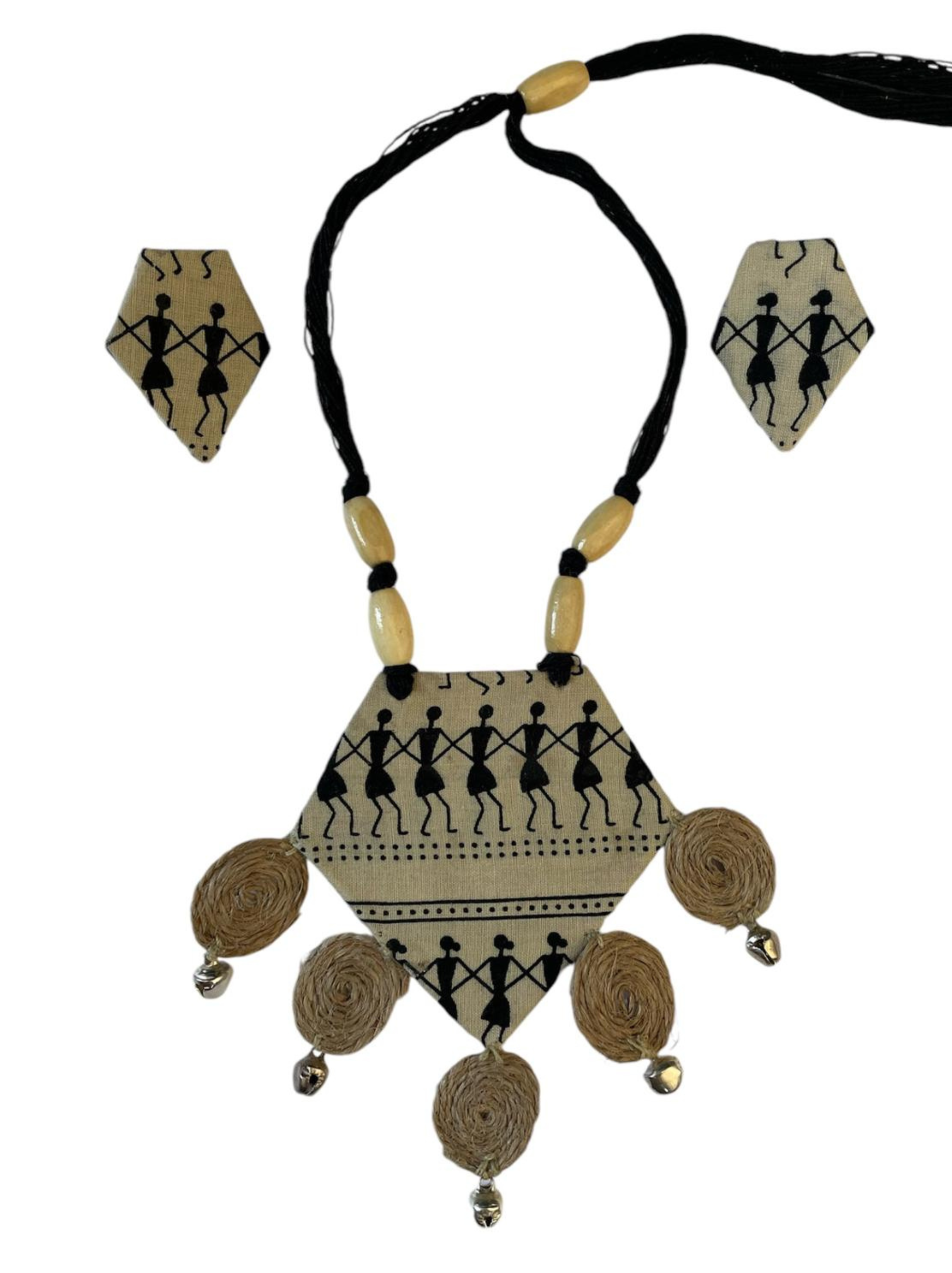 Eco-friendly Handmade Tribal block print with burlap tassel necklace set || Jute Jewelry Set || Beach Wedding Jewelry for Bride