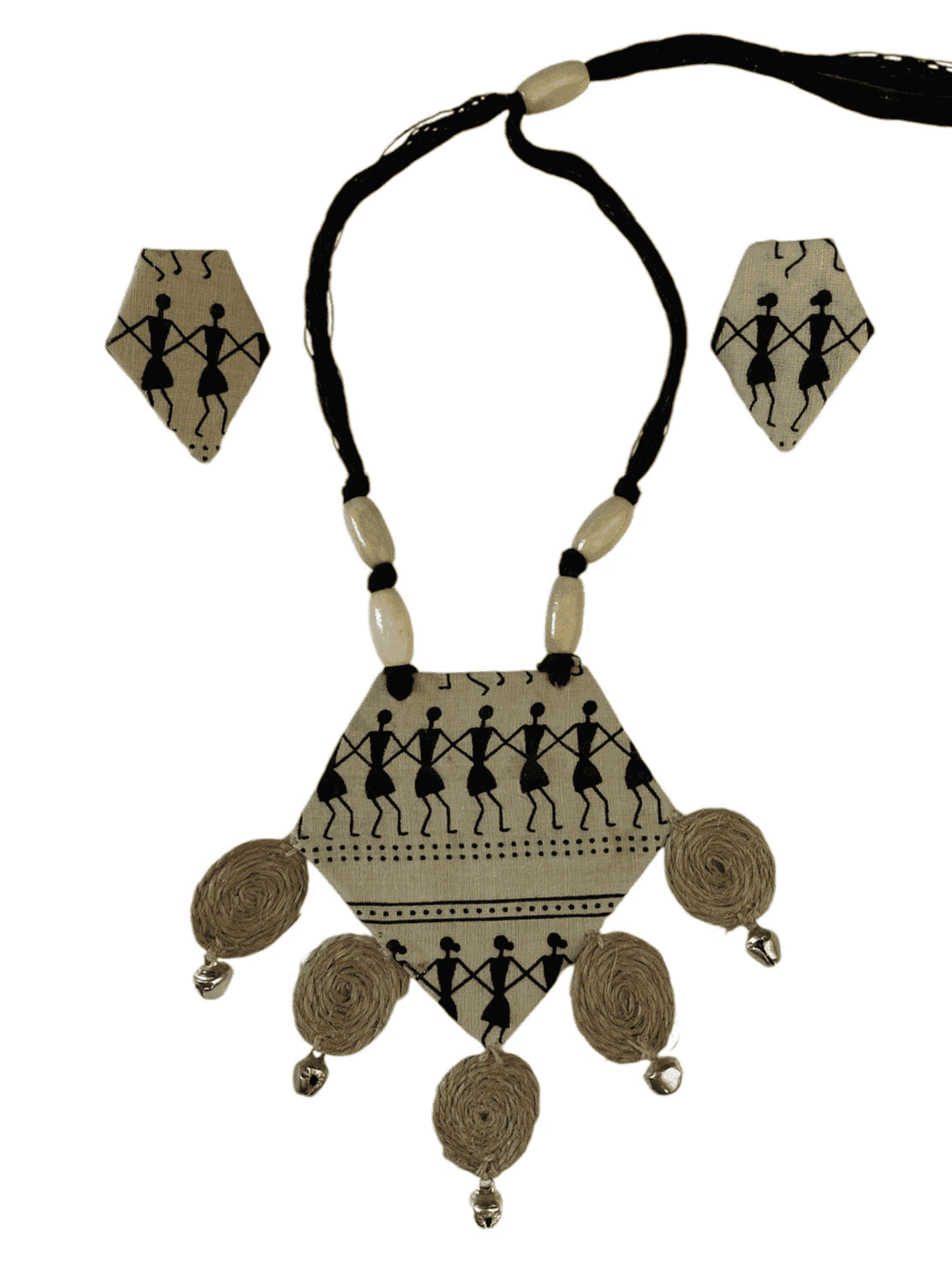 Tribal block print with burlap tassel necklace set - Women | E-Khadi