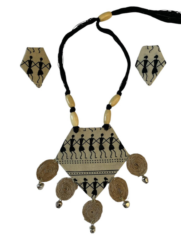 Tribal block print with burlap tassel necklace set