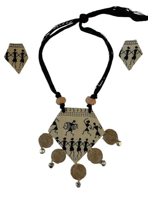 Tribal block print with burlap tassel necklace set
