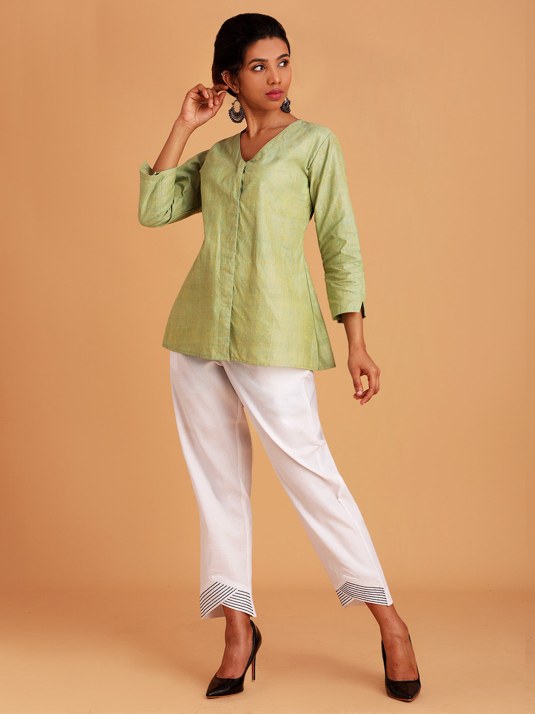 Khadi Cotton Women's Short Kurti Green - V Neck with Concealed Placket