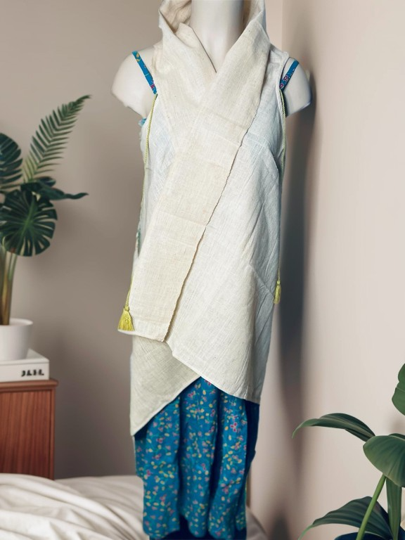 Handwoven Khadi Cotton Women Long Shrugs Open Front - White