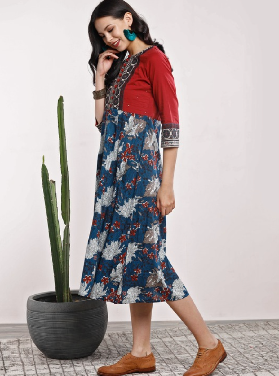 Women Navy Blue & Red Printed A-Line Dress