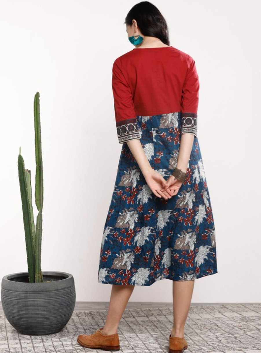 Women Navy Blue & Red Printed A-Line Dress