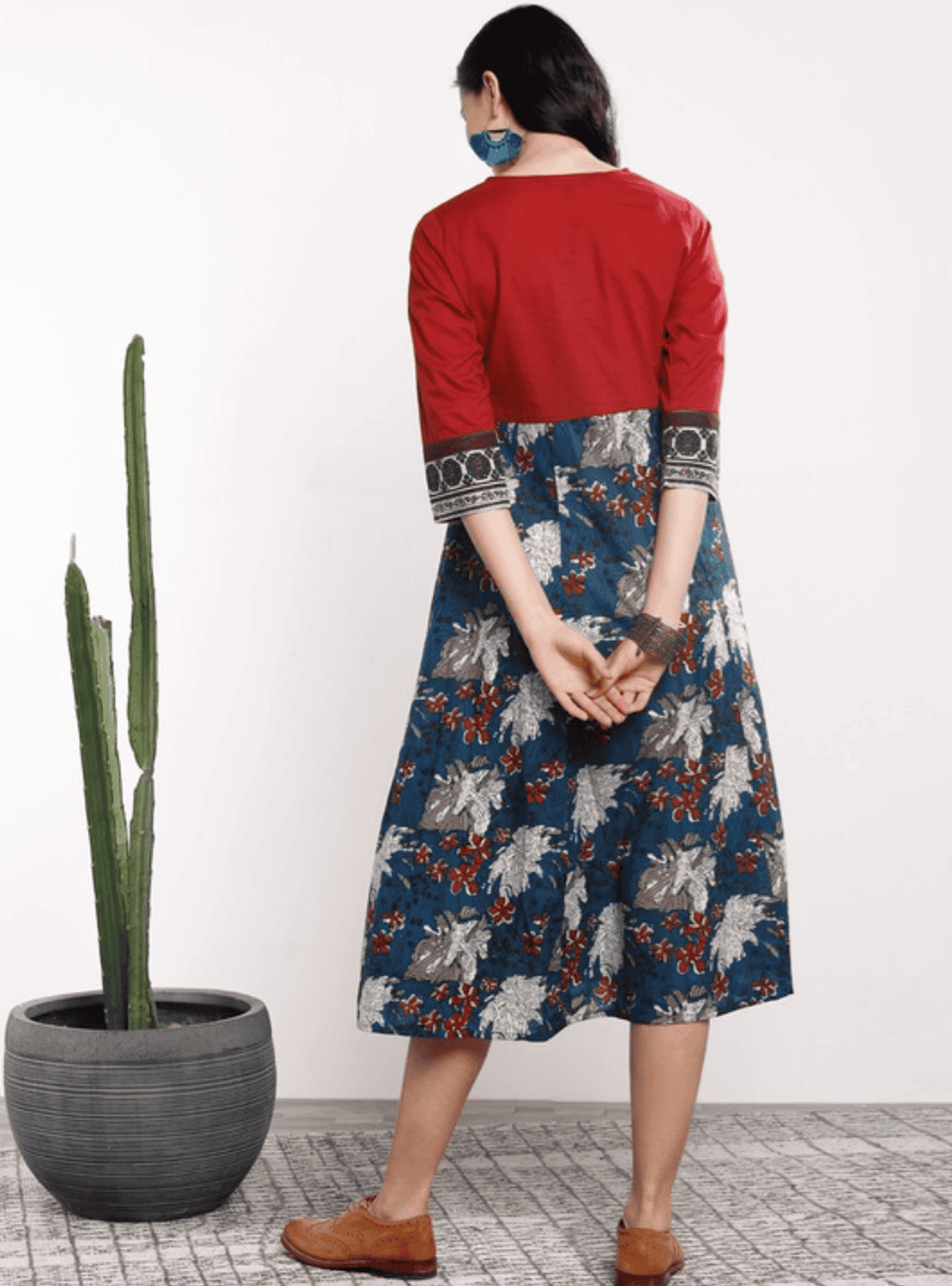 Women navy blue & red printed A-line dress