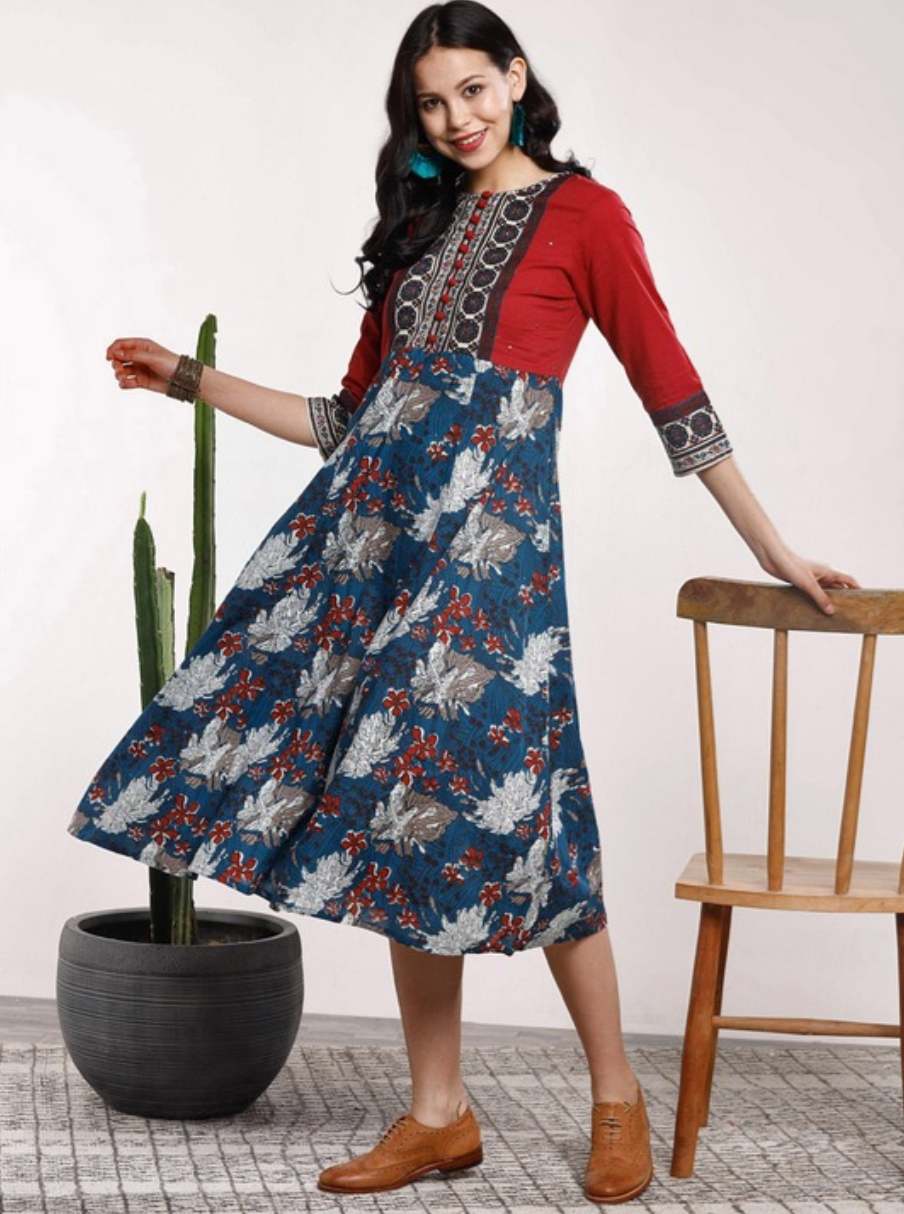 Women Navy Blue & Red Printed A-Line Dress