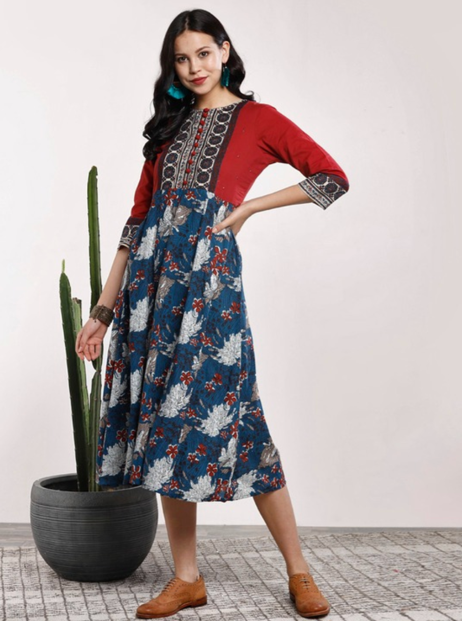 Women Navy Blue & Red Printed A-Line Dress