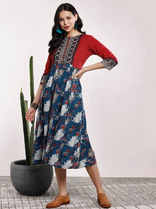 Women navy blue & red printed A-line dress