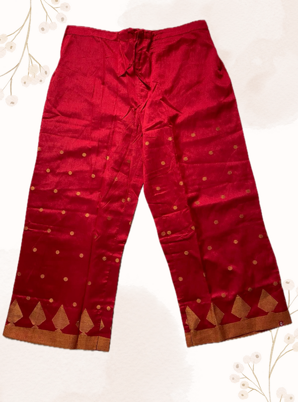 Women Red & Gold-Toned Printed Straight Palazzos RED SILK