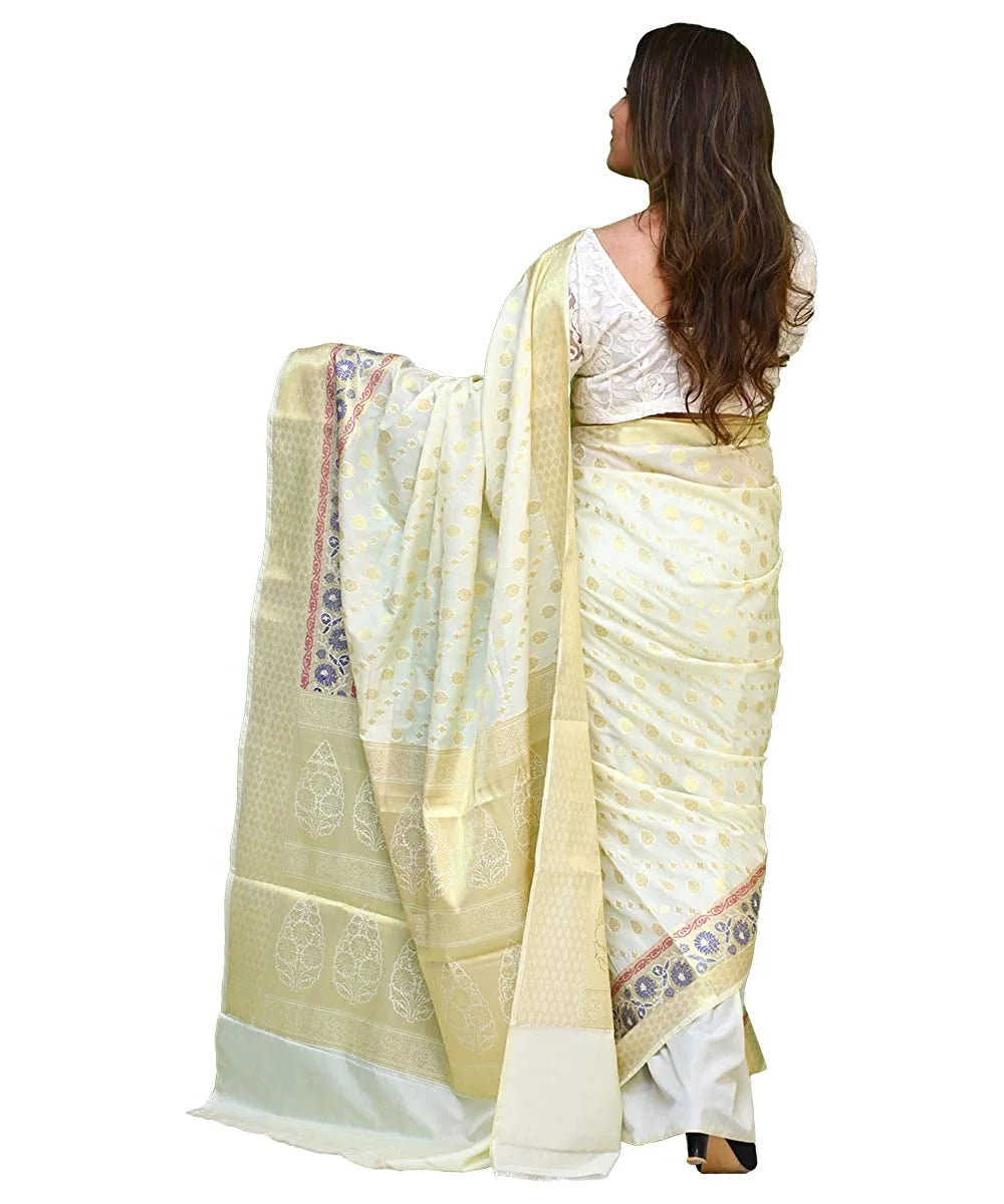 Women’s Banarasi Silk White Saree with Blouse Piece