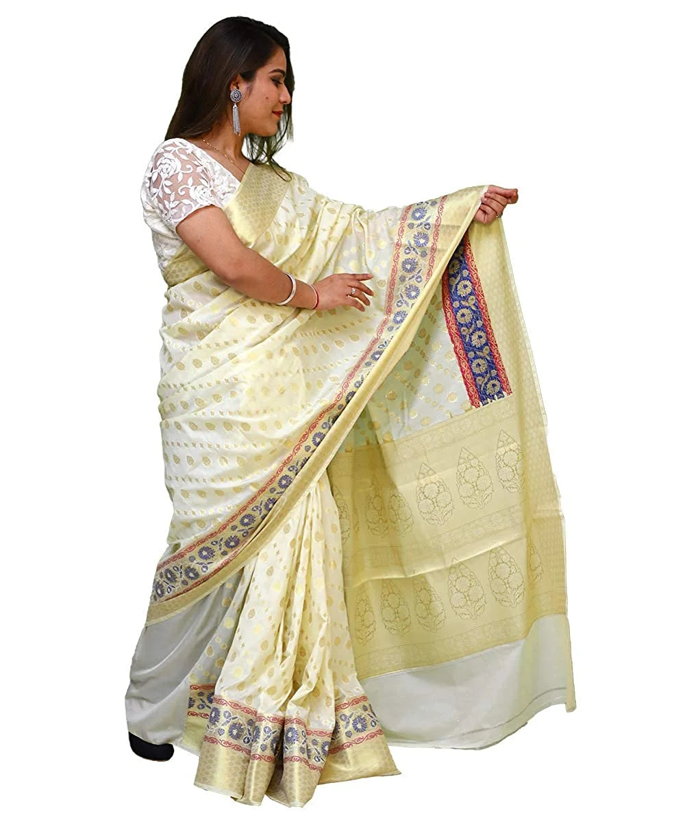 Women’s Banarasi Silk White Saree with Blouse Piece